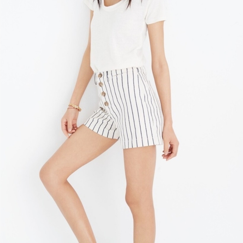 MADEWELL The Emmett Striped White and Navy Denim Women's High Waisted Shorts 31 - Picture 5 of 15
